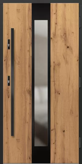 Drzwi zewnętrzne drewniane Erkado Inox - model z aplikacjami ze stali nierdzewnej