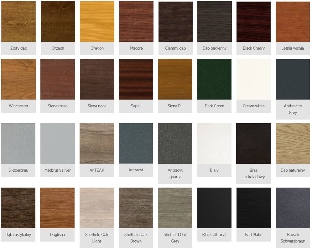 Paleta kolorów i oklein dla bram garażowych Wiśniowski PRIME